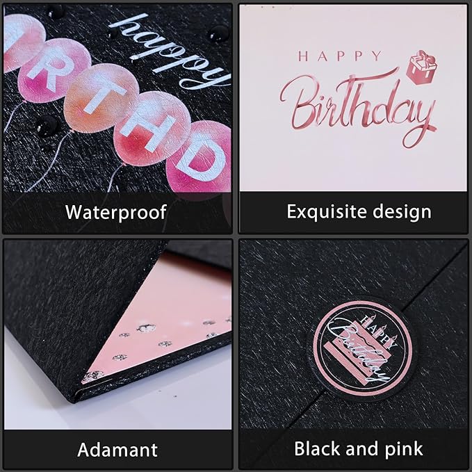 Crenics Black and Pink Happy Birthday Decorations for Women, Creative Birthday Guest Signature Book Alternative 18" x 12", Awesome Birthday Gifts for Girls