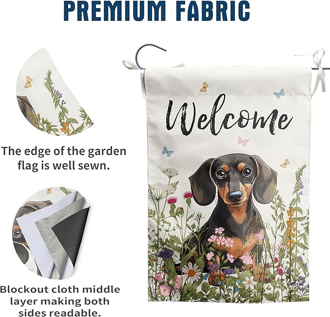 Floral Dachshund Garden Flag Spring Summer Yard Flag Flower Dog Garden Flags for Outside Small Outdoor Welcome Flags 12x18 Double Sided