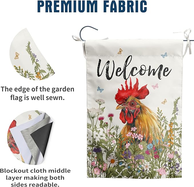 Spring Summer Garden Flag Farmhouse Chicken Garden Flags for Outside Floral Rooster Yard Flag 12x18 Double Sided Small Outdoor Welcome Flags Farm Chicken Coop Decor