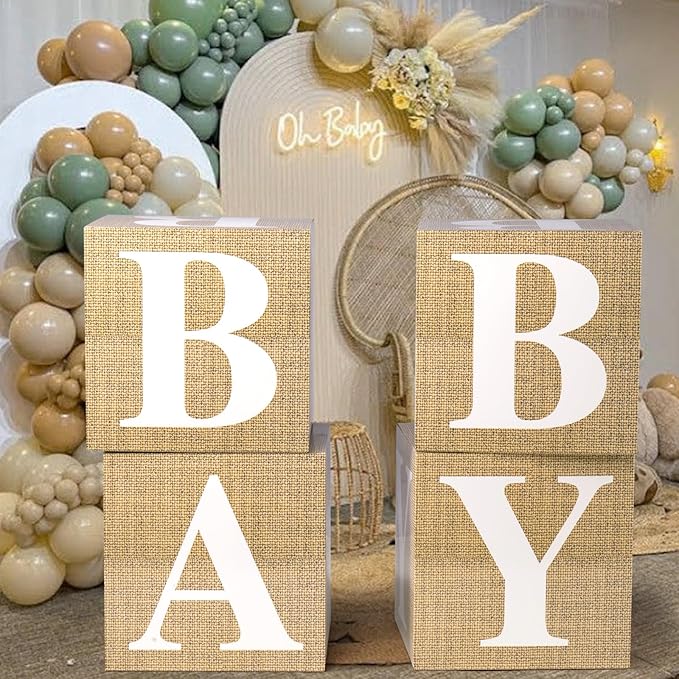 Baby Boxes with Letters for Baby Shower Decorations, Gender Reveal Decorations with 4 Burlap Balloon Boxes