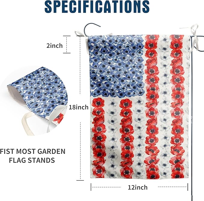 Patriotic Flower American Garden Flag Spring Summer Yard Decor 4th of July Memorial Independence Day Decorations Red White Blue Poppy Banner for Outside 12x18 Double Sided