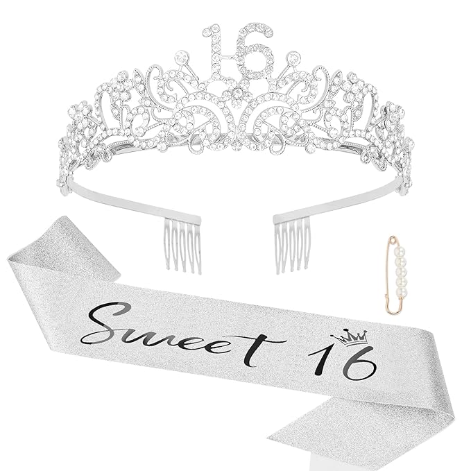 Semato Birthday Crown and Sweet 16 Sash Glitter Kit for Girls - Silver Metal Costume Circlet, Gold Shiny Cloth Sash with Pearl Pin - 16th Birthday Party Supplies and Favors