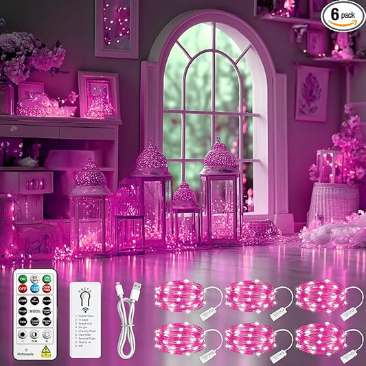 HXWEIYE 6 Pack Rechargeable Fairy Lights Battery Operated with Remote & DIY Timer, 7ft 20LED Mini Twinkle String Light for Mason Jar DIY Wedding Table Centerpieces Party Bedroom Christmas (Pink)