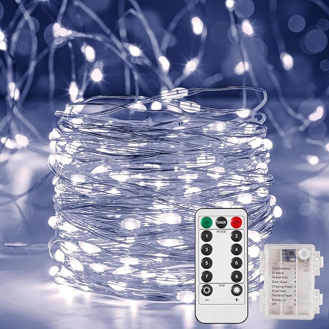Ariceleo 2 Pack 16.4 Ft. Battery Operated Outdoor String Lights with Remote & Timer, LED Cool White Fairy Lights, Waterproof Twinkle Lights for Bedroom, Dorm, Mason Jar, Wedding, Party, Christmas