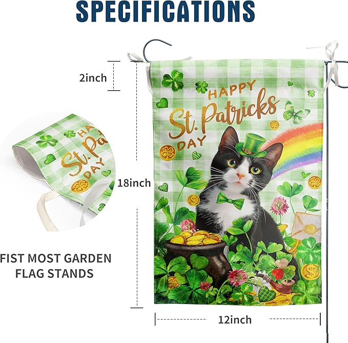 Tuxedo Cat St Patricks Day Garden Flag Cat St Patrick's Day Yard Flags for Outside 12x18 Double Sided Buffalo Plaid Shamrock Flag Small Outdoor Rainbow St Patrick's Decor