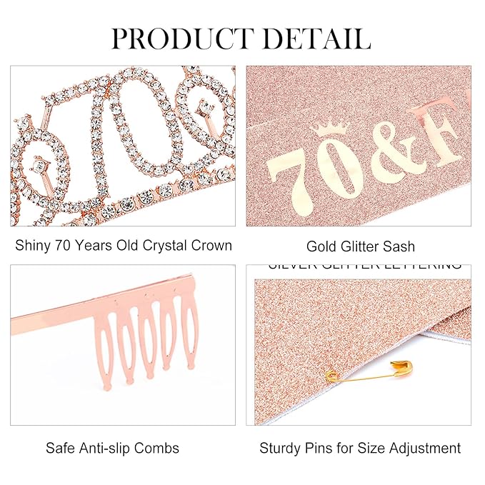 Casoty Rose Gold 70th Birthday Sash and Tiara for Women, 70 & Fabulous Sash and Crown, 70th Birthday Party Decorations Supplies Favors for Women Gifts for Her