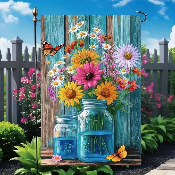 BlissYard Welcome Spring Garden Flag Double Sided 12x18 Inch Spring Summer Garden Flags Wildflowers In Mason jars Spring Garden Flag Seasonal Rustic Yard Lawn Holiday Outdoor Decor Banner