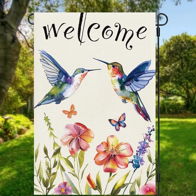 BlissYard Welcome Hummingbird Garden Flag Double-Sided 12 x 18 Flag Spring Garden Flag Hummingbird Garden Flags Floral Flowers Yard Flag Vintage Spring Flag House Seasonal Outside Outdoor Decoration
