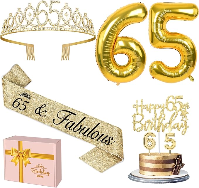 65th Birthday Decorations for Women with Tiara and Sash, Candles and Cake Topper, Number Balloons, 65th Birthday Gifts for Women