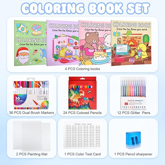 Coloring Book Set for Adults and Teens,Cute Coloring Book for Adults Relaxation with 60 Colored Markers, Anxiety Relief Gifts with 160 Patterns Included Animal Spaces