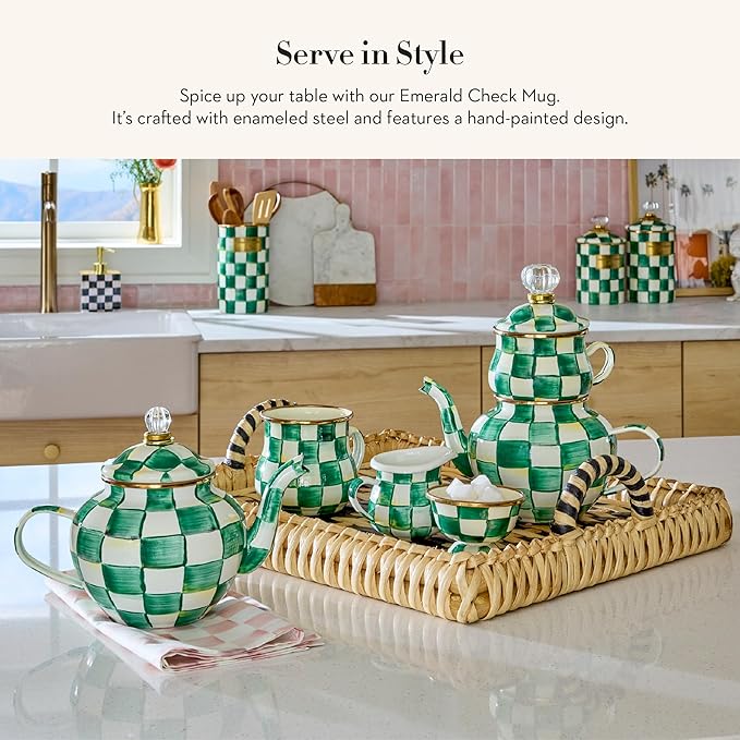 MACKENZIE-CHILDS Enamel Mug, Cute Enamelware Tea or Coffee Mug, 16 Ounces, Green-and-White Emerald Check (Pack of 2)