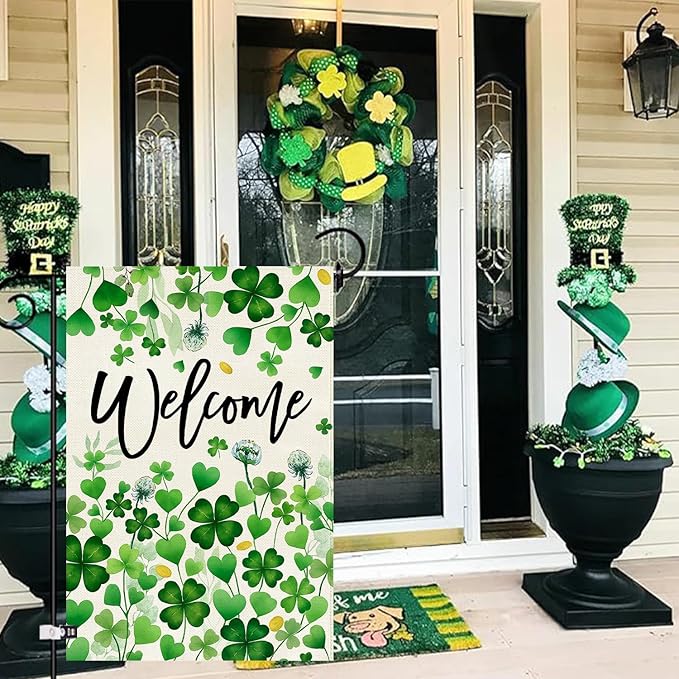 Baccessor St.Patrick's Day Welcome Garden Flag 12.5x18 Inch Double Sided,Green Lucky Shamrock Clover Flag Spring Farmhouse Holiday Yard Lawn Outdoor Outside Decoration