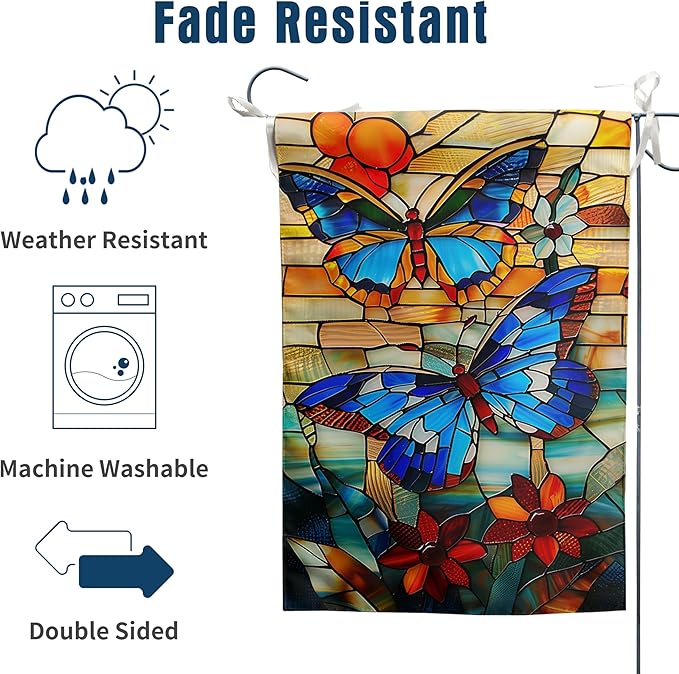 Stained Glass Butterfly Garden Flag Spring Summer Yard Flag Fall Floral Decorative Flags for Outside 12x18 Double Sided Small Seasonal Lawn Flags Rustic Outdoor Decor