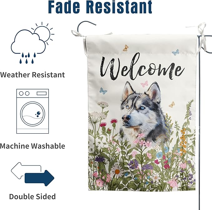 Spring Summer Garden Flag Floral Husky Yard Flag Flower Dog Garden Flags for Outside Small Outdoor Welcome Flags 12x18 Double Sided
