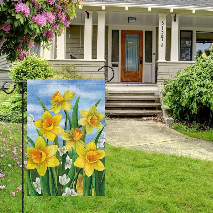 Louise Maelys Welcome Spring Summer Garden Flag 12x18 Double Sided Vertical, Burlap Small Daffodil Floral Flower Yard House Outside Outdoor House Decoration