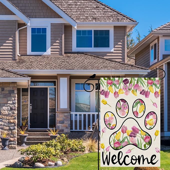 ZAEW Welcome Dog Paw Tulips Spring Garden Flag Summer Seasonal Yard Flag 12x18 Inch Double Sided Small Mini Yard Outdoor Outside Holiday Decoration