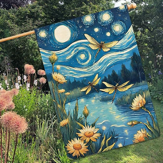 Welcome Summer Dragonfly Garden Flag Starry Night Garden Flag Small Flowers Vertical Double Sided Rustic Farmland Burlap Yard Lawn Outdoor Decor 28x40"