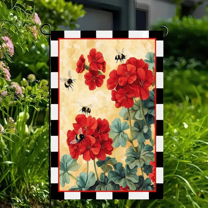 BlissYard Spring Garden Flag Welcome Spring Geranium Decorative Yard Flag 12 x 18 Inch Double Sided Bee Red Floral Small Flags Hello Spring Summer Farmhouse Home Outdoor Decoration