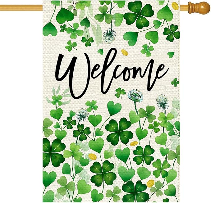 Baccessor St.Patrick's Day Welcome House Flag 28x40 Inch Double Sided,Green Lucky Shamrock Clover Large Garden Flag Holiday Porch Patio Farmhouse Outdoor Outside Decoration
