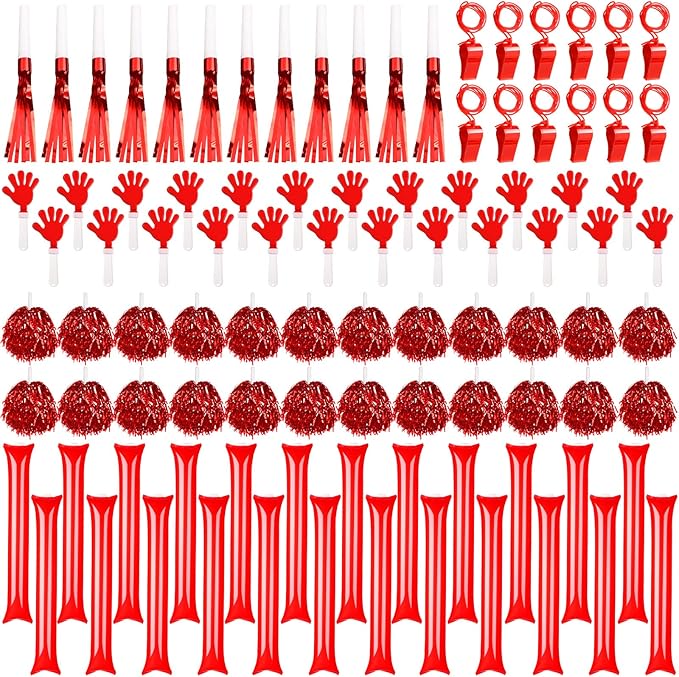 Yunsailing 96 Pcs Homecoming Noisemakers Team Spirit Accessories for Game Day Include Hand Clappers Cheerleading Pom Pom Thunder Stick Cheer Party Blower Plastic Whistle for Sport Fans(Red)