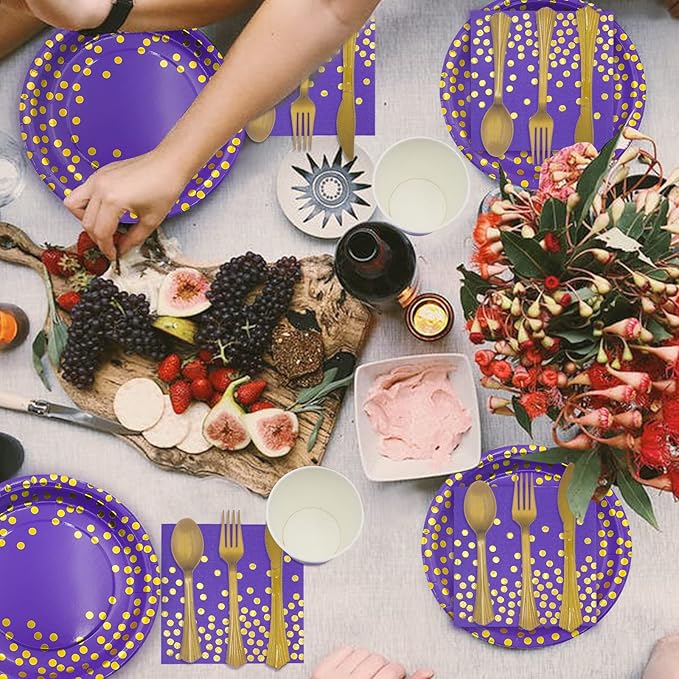 AIRE 350PCS Purple Gold Paper Plates Party Supplies for 50 Guests Party Decorations Disposable Dinnerware Paper Plates Cups Napkins Gold Plastic Forks Knives Spoons for Birthday Baby Shower Wedding