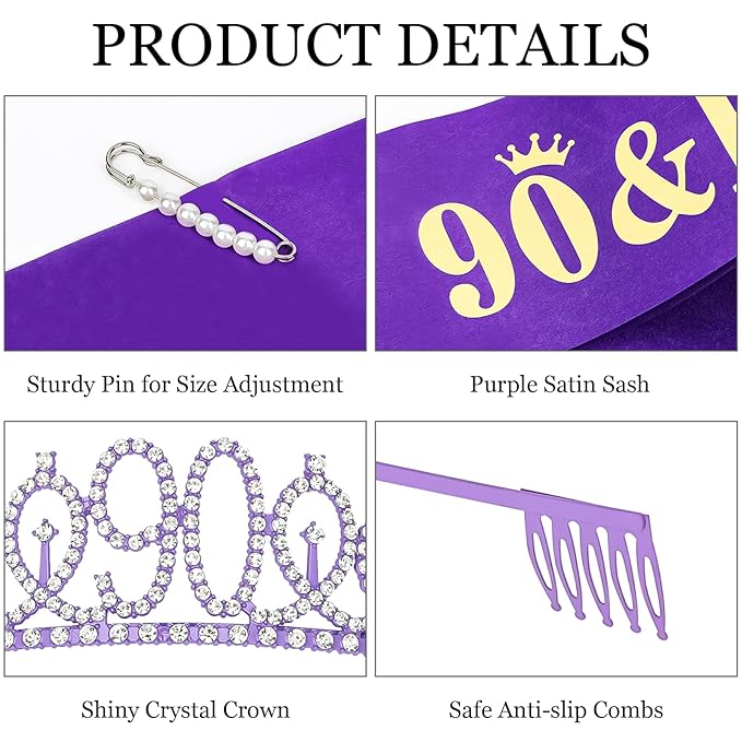 Casoty Purple 90th Birthday Sash and Tiara for Women, 90th Birthday Decorations Party Supplies for Women, Purple 90 & Fabulous Sash and Crown Set, Gifts for Her