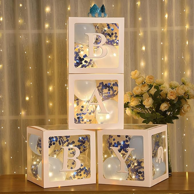 Baby Shower Balloon Box Decorations, 4 Pcs Baby Blocks Transparent Balloon Boxes with “BABY GIRL” Letters, 4 Pack Led Fairy String Lights and 40 Pcs Latex Balloons for Gender Reveal Backdrop(Blue)