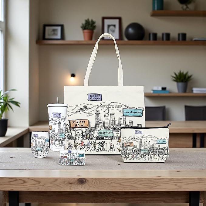 Cities Around the World Artwork Cosmetic Bag Series – Designed in USA, Travel Makeup Bag with Zipper, Souvenir Gift for Women, Artwork Organizer for Purse or Toiletry (Los Angeles)
