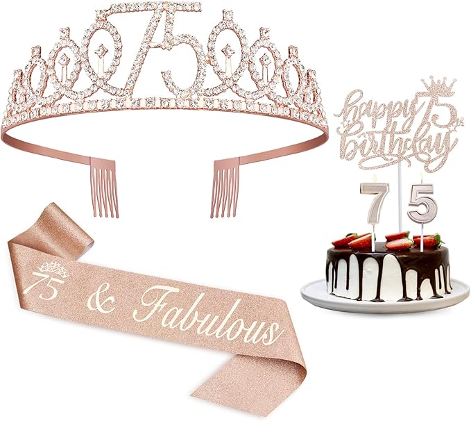 75th Birthday Decorations for Women Including Sash, Crown/Tiara, Candles and Cake Topper, Rose Gold 75 Birthday Gifts Party Favor Supplies