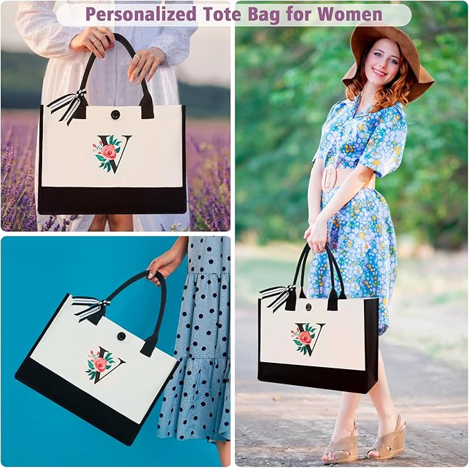 Initial Canvas Tote Bag, Personalized Birthday Gifts for Women Mom Friends Teachers, Monogrammed Tote Bags Suitable for Mother's Day Wedding Beach (Letter V)