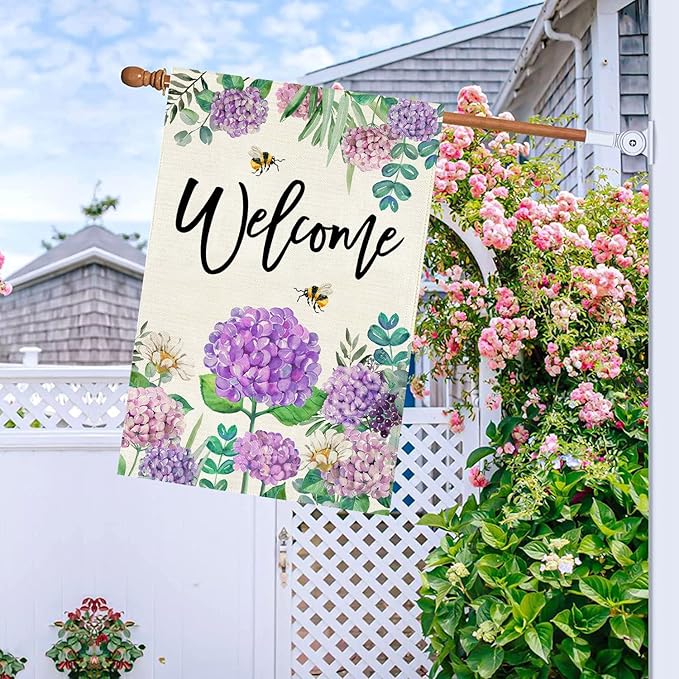 Baccessor Spring Summer Hydrangea House Flag Double Sided 28x40 Inch, Purple Flower Floral Welcome House Flag Burlap Seasonal Farmhouse Yard Outdoor Decoration (Large)