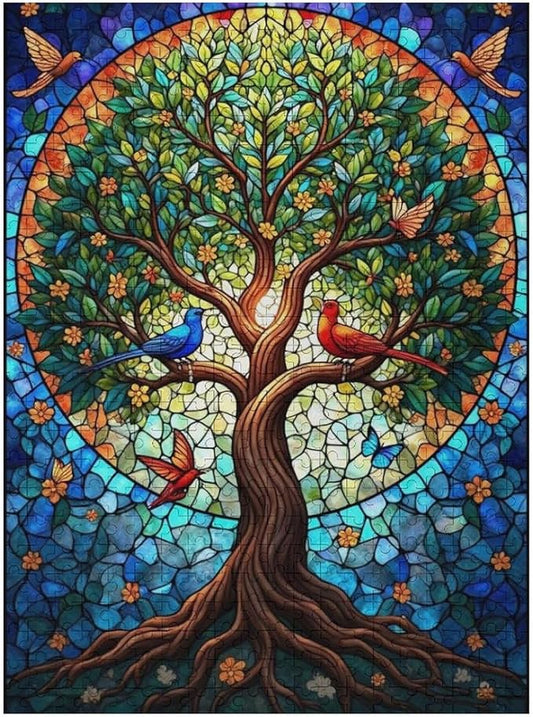 Wooden Jigsaw Puzzles - Unique Stained Glass Tree - 500 Piece Jigsaw Puzzle for Adults Teenagers and Kids Educational Family Game，Home Decor，Suitable for Puzzle Enthusiasts and Collectors