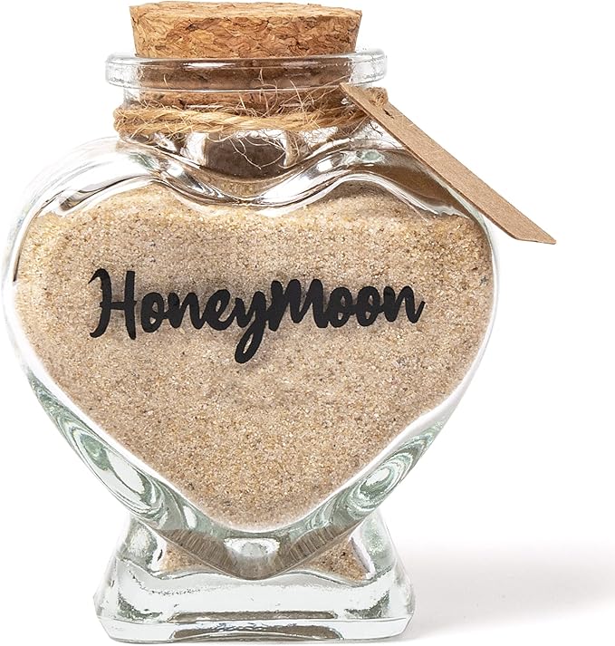 Honeymoon Sand Keepsake Jar, Bridal Shower, Wedding, Engagement, Honeymoon, Travel Gift for Couples, Newlywed, Fiance(Gift Box Includes) - 40ml Heart Shape Glass