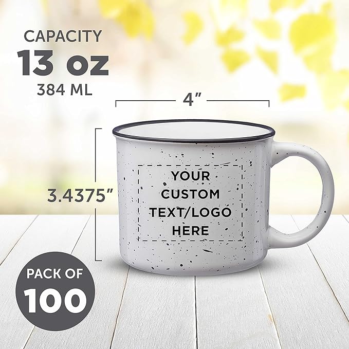 DISCOUNT PROMOS Custom Ceramic Campfire Coffee Mugs 13 oz. Set of 10, Personalized Bulk Pack - Perfect for Tea, Espresso, Cappuccino, Hot Cocoa - White