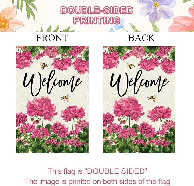 Baccessor Spring Summer Geranium Welcome House Flag Double Sided Burlap,Pink Floral Bee Large Garden Flag Seasonal Farmhouse Front Entry Yard Porch Patio Outside Outdoor Decor 28x40 Inch