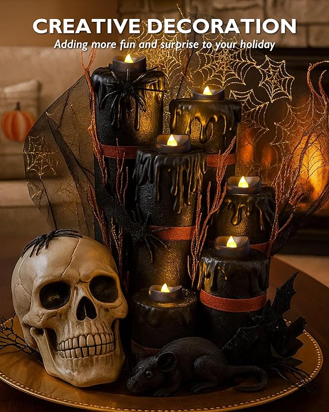 Homemory Black Tea Lights Candles Battery Operated, 200+Hour Flameless Flickering Fake Electric LED Colored Tealights Candles for Halloween, Theme Party, Wedding Table Decor, Holiday Decor, 12-Pack