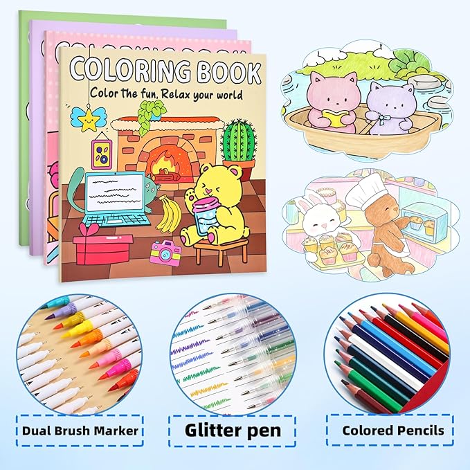 Coloring Book Set for Adults and Teens,3 PacK Easy and Simple Designs Coloring Set,Stress Relief Gifts with 36 Colors Markers &12 Pcs Glitter Markers &12 pcs Colored Pencils for adults Relaxation