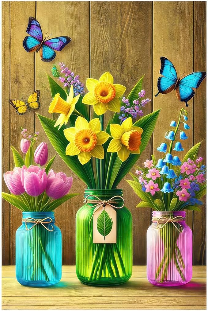 BlissYard Spring Garden Flag Double Sided 12x18 Inch Welcome Spring Summer Garden Flag Hello Springs Sign Flowers In Mason jars Gardens Flags Seasonal Rustic Yard Lawn Holiday Outdoor Decor Banner