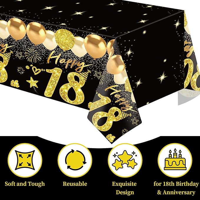 2pcs 18th Birthday Tablecloth, Black Gold 18th Birthday Decorations for Boys Girls Vintage 2008 Table Cloth Plastic Rectangular Table Cover Happy 18 Anniversary Party Supplies