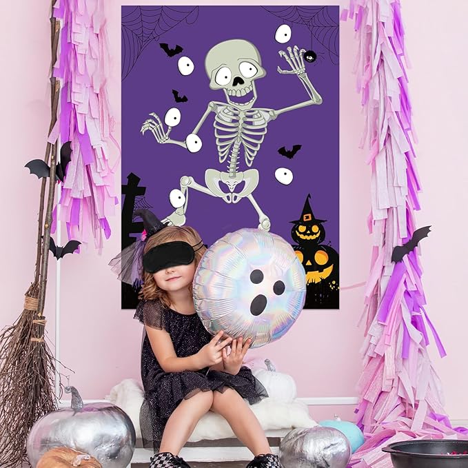 Hooqict Halloween Games for Kids Party Pin The Eyeball on The Mr.Bone Halloween Party Games Classroom Activities, Large Halloween Pin The Tail Game Poster with 40 Eyeball Stickers