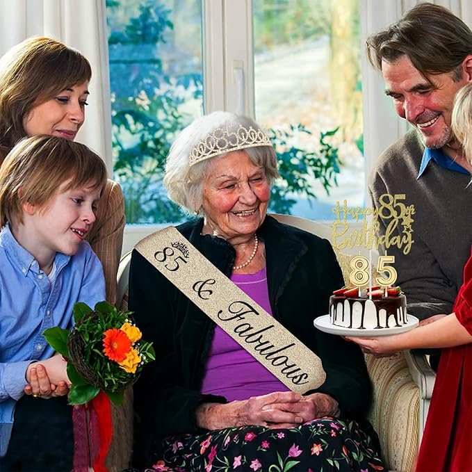 85th Birthday Decorations for Women Gold with 85th Birthday Sash and Tiara, Cake Topper and Candles, Number Balloons, 85 Year Old Gifts for Women