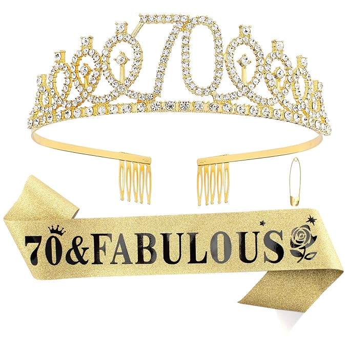 Casoty Gold 70th Birthday Decorations, 70th Birthday Sash and Tiara for Women, 70 & Fabulous Sash and Tiara, Happy 70 Birthday Party Favor Supplies for Women, 70th Gifts for Her