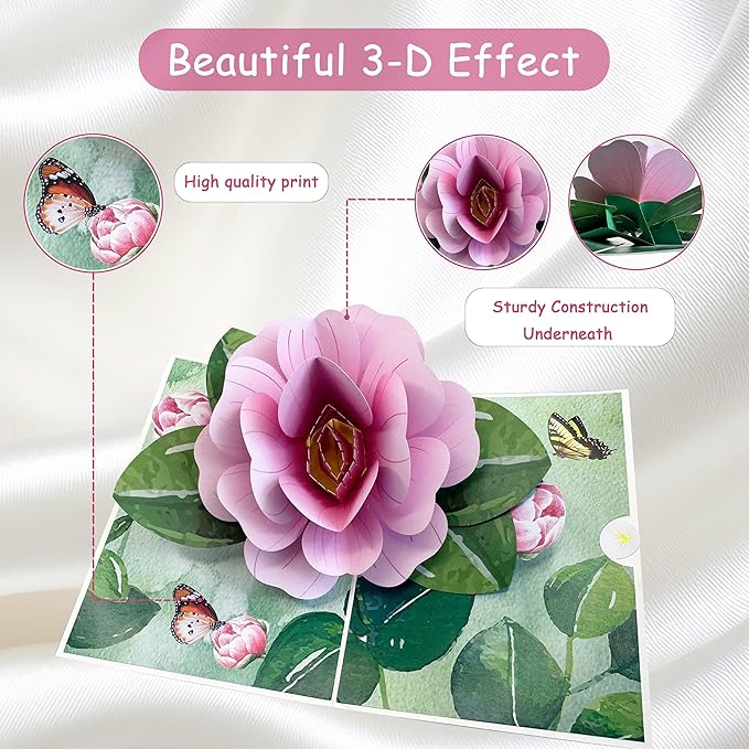 Pop Up Flower Cards for Women, Rose Pop Up Birthday Card, Elegant 3D Camellia Rose Flower Birthday, Mother's Day Pop Up Card for Women, Wife, Mom, Sister, Grandma, Personalized with Message Note