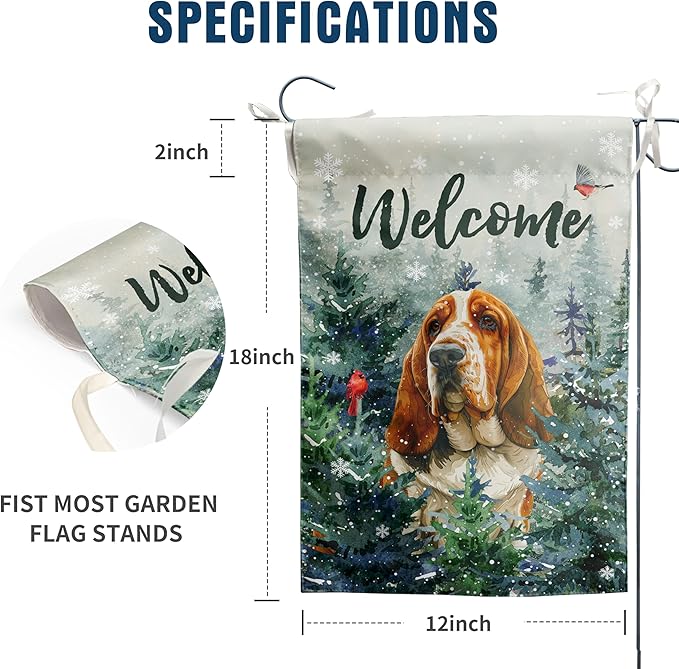 Welcome Winter Garden Flags Basset Hound Garden Flag Cardinal Birds on Snowy Pine Tree Flag Dog Yard Flags for Outside 12x18 Double Sided Christmas Decorative
