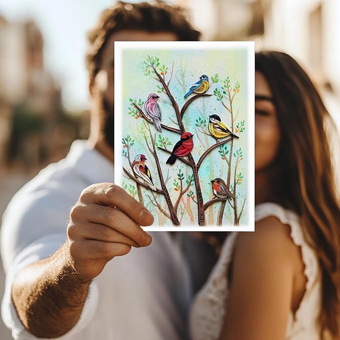Green Tree and Summer Card, Quilling Card, Birds and Season Themed, Watercolor Classy Cards for Mom, Women, Wife, Daughter (Birds - Summer Garden)