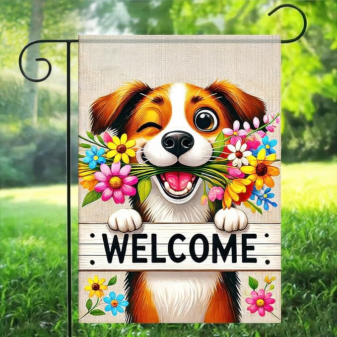 BlissYard Welcome Spring Summer Garden Flag 12x18 Inch Double Sided Welcome Happy Cute Puppy Dog Outdoor Garden Flag Flower House Seasonal Yard Outside House Decoration