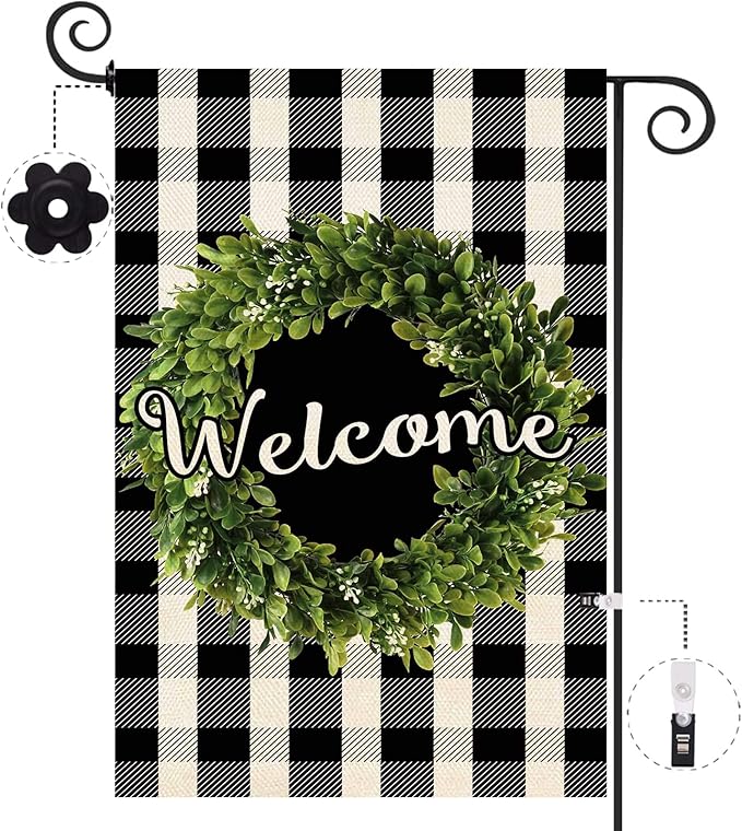 Baccessor Boxwood Wreath Welcome Garden Flag Double Sided, Buffalo Plaid Check Winter Spring Yard Flag Burlap, Small Farmhouse Rustic Flags for Outdoor Outside Decor 12.5 X 18 Inch