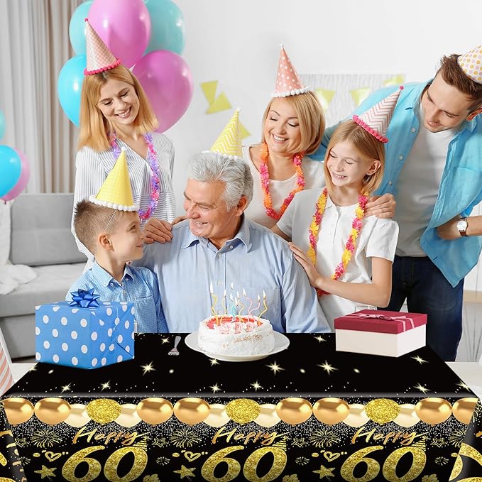 2pcs 60th Birthday Tablecloth, Black Gold 60th Birthday Decorations for Men Women Vintage 1966 Table Cloth Plastic Rectangular Table Cover Happy 60 Anniversary Party Supplies