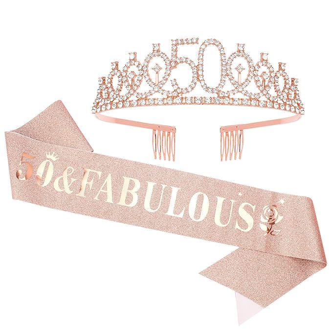 Rose Gold 50th Birthday Sash and Tiara Set - '50 and Fabulous' Sash, Crown for Women's Milestone Celebration and Decorations