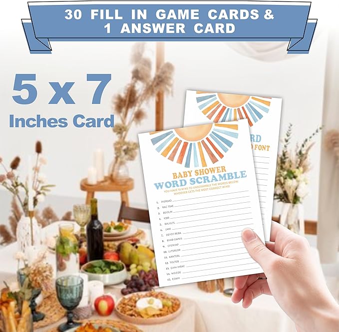 Retro Sunshine Word Scramble Baby Shower Game Kit - Here Comes The Sun - 30 Fill in Game Cards & 1 Answer Card for Baby Shower, Gender Reveal Party Favor, Activity & Supplies - D08